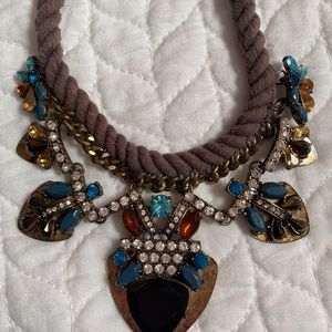 Chunky Gaudy COLORED Stones Black Blue Green w Rhinestones Rope Gold Necklace